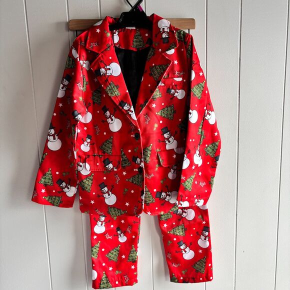 Boys M 10/12 Red Festive Holiday 2-Pc Snowman Christmas Suit Set - Picture 2 of 8